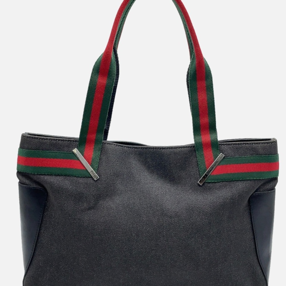 💯Gucci Black Denim Tote with Red and Green Straps Sherry Line EUC - Picture 3 of 13